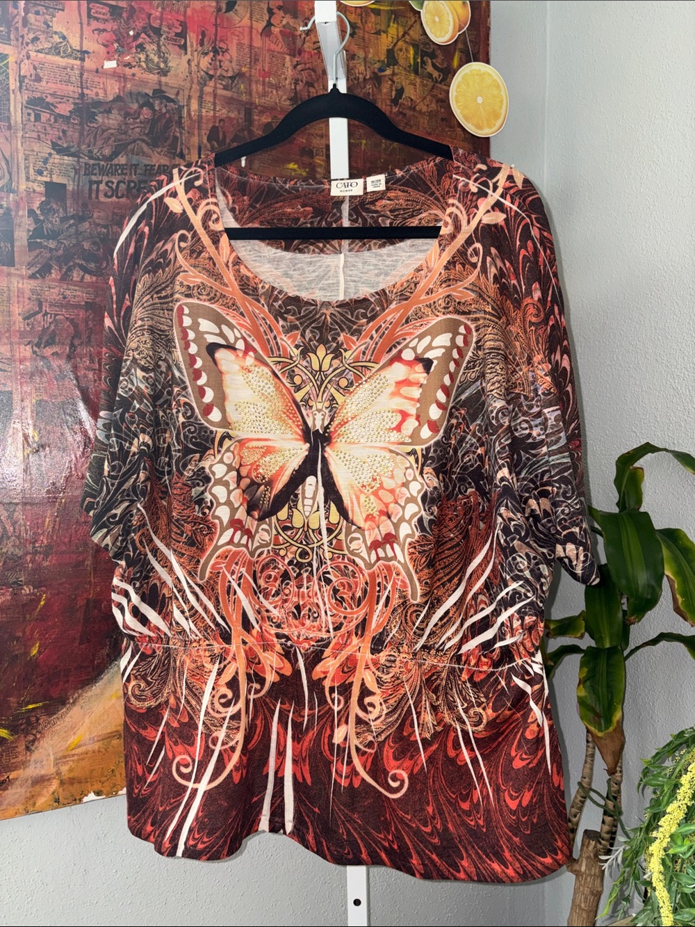 Cato Women's Brown and Orange Butterfly Tunic Size 18/20